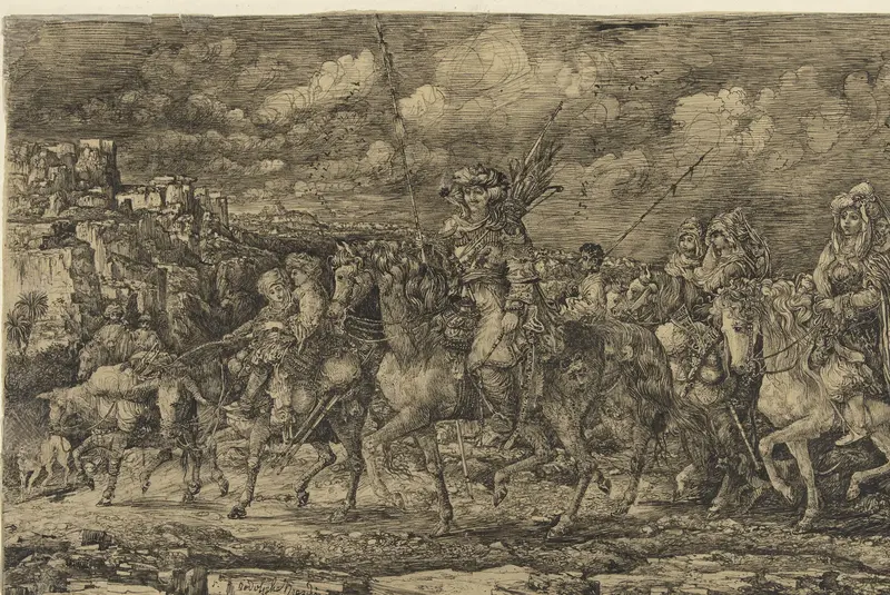 Hunnenkoning met zijn vrouwen omgeven door dienaren en vee, door een landschap rijdend Wall Art by Rodolphe Bresdin - High-Resolution Digital Print