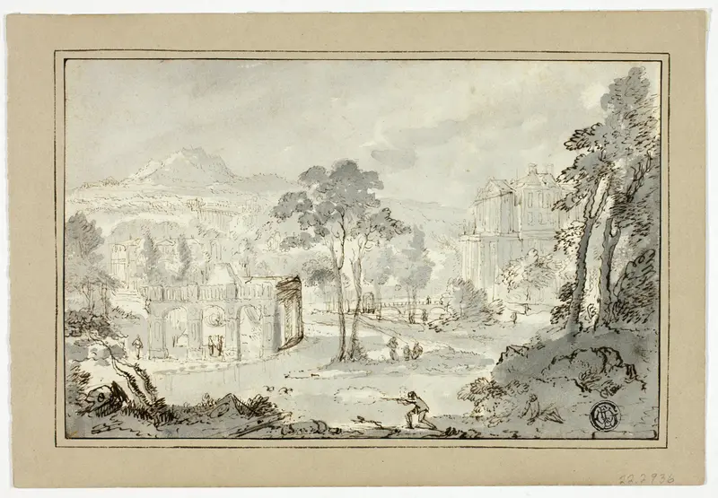 Hunter with Dog, Other Figures in Landscape with Villa, Canal, Pyramid Wall Art by Gaspar van Wittel - High-Resolution Digital Print