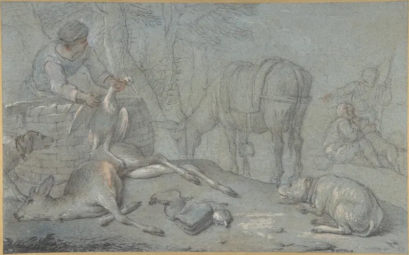 Hunters with Dead Game in a Landscape Wall Art by Giovanni Agostino Cassana - High-Resolution Digital Print