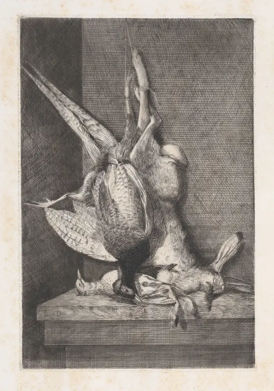 Hunting trophy with game birds and rabbit, from "L'Artiste" Wall Art by Charles- Alphonse Deblois - High-Resolution Digital Print