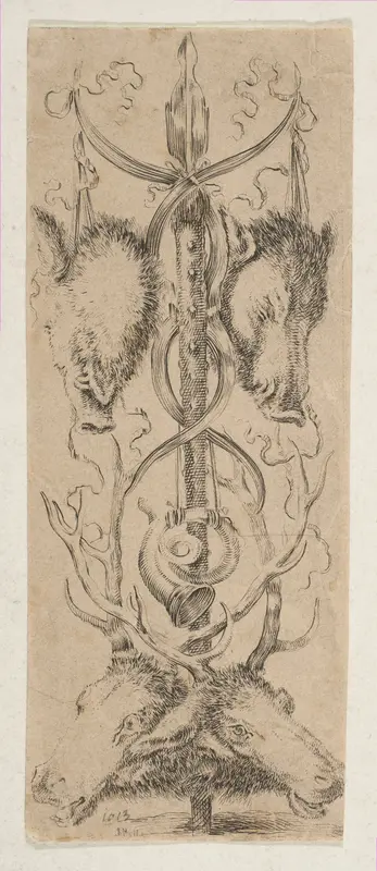 Hunting Trophy with Stag Heads at Bottom Wall Art by Stefano della Bella - High-Resolution Digital Print
