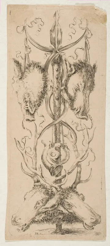 Hunting Trophy with Stag Heads Below Wall Art by Stefano della Bella - High-Resolution Digital Print