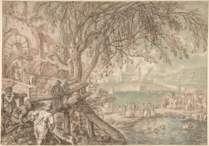 Huntsmen and Company Observing Dogs Retrieving Ducks in a Pond (The Month of April) Wall Art by Pieter Stevens - High-Resolution Digital Print