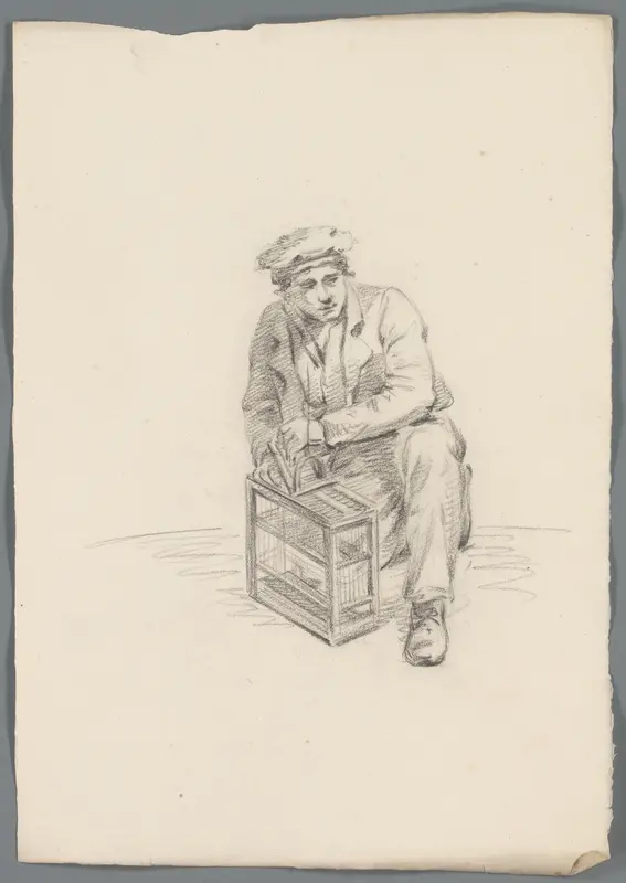 Hurkende man met een kooitje Wall Art by anonymous - High-Resolution Digital Print