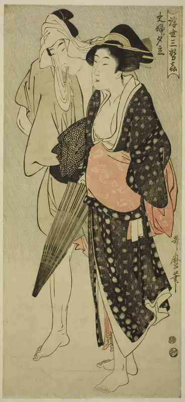 Husband and Wife Caught in an Evening Shower (Fufu no Yudachi), from the series "Three Evening Pleasures of the Floating World" ("Ukiyo San Seki")
