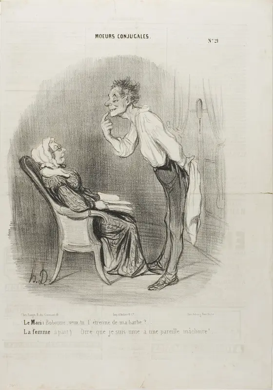 Husband: “My dear, how about a first kiss on my chin?” The wife (aside): “To think that I am married to this face!,” plate 21 from Moeurs Conjugalesa