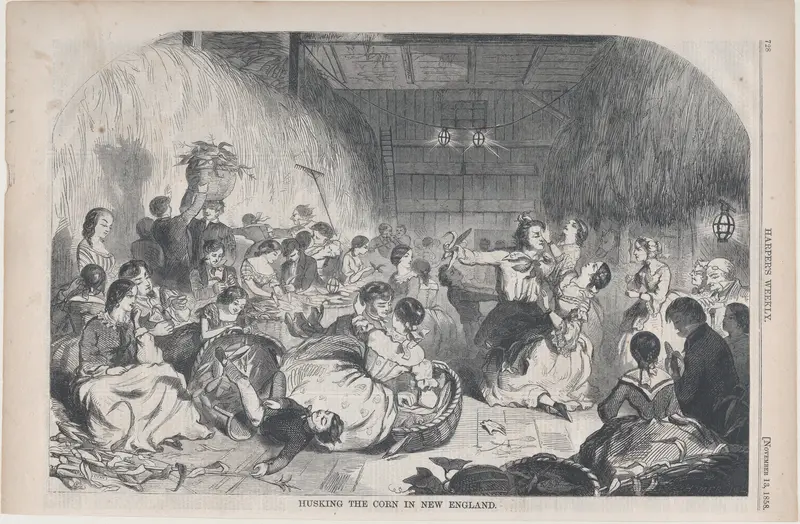 Husking the Corn in New England (from "Harper's Weekly," Vol. II) Wall Art by Winslow Homer - High-Resolution Digital Print