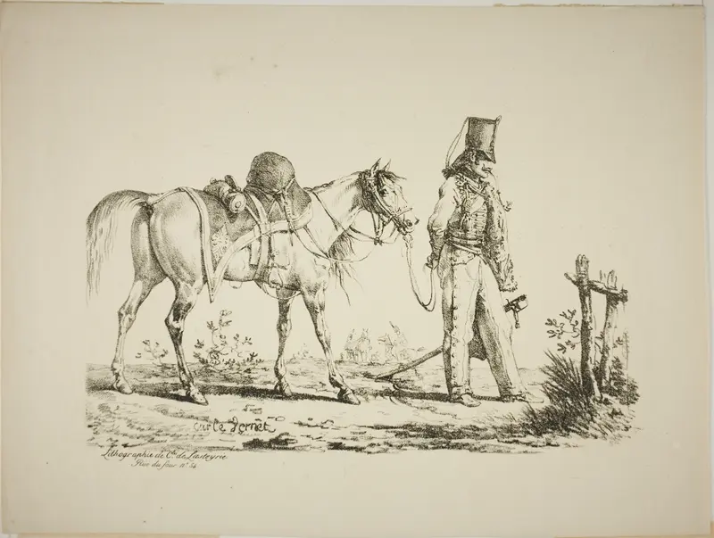 Hussard Walking in Front of his Horse, Smoking a Pipe Wall Art by Carle Vernet - High-Resolution Digital Print
