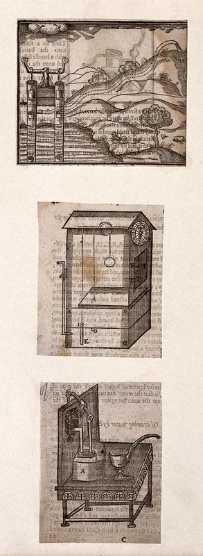 Hydraulics: three devices, including a pump, a clock, and a drinking fountain Wall Art by Isaac de Caus - High-Resolution Digital Print