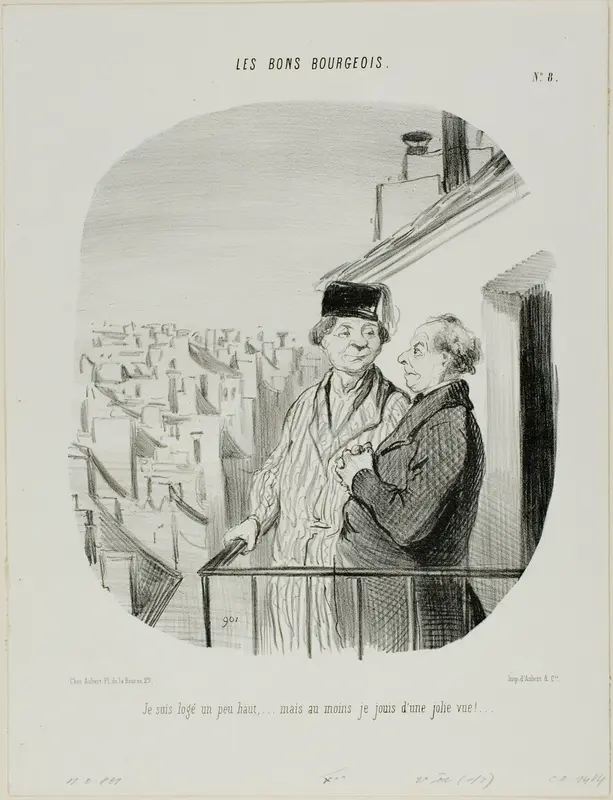 “I am living a little high up... but at least I am enjoying a beautiful view,” plate 8 from Les Bons Bourgeois
