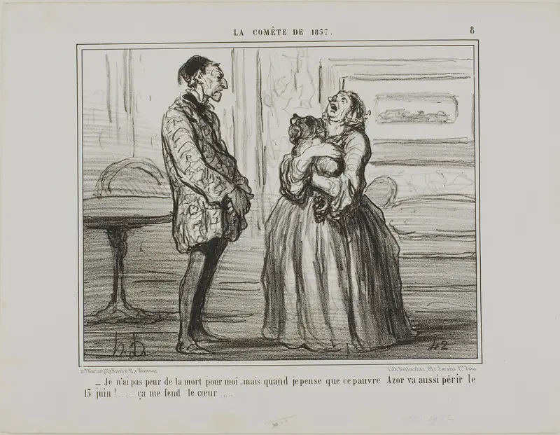 “- I am not afraid for me, but if I think of poor Azor who will perish on the 13th of June... it simply breaks my heart,” plate 8 from La Cométe De 1857