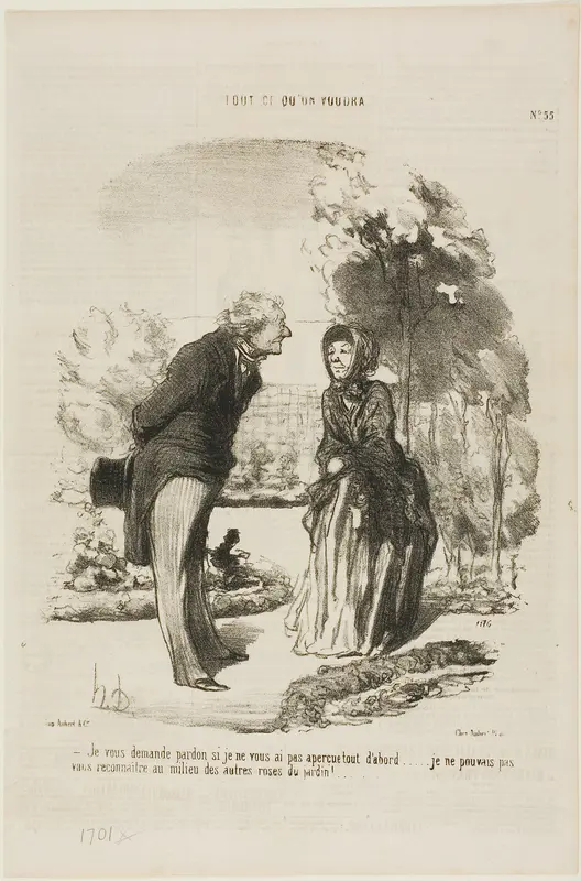 “- I am sorry that I did not recognize you right away. I could not distinguish you from all the other roses!,” plate 55 from Tout Ce Qu'on Voudra