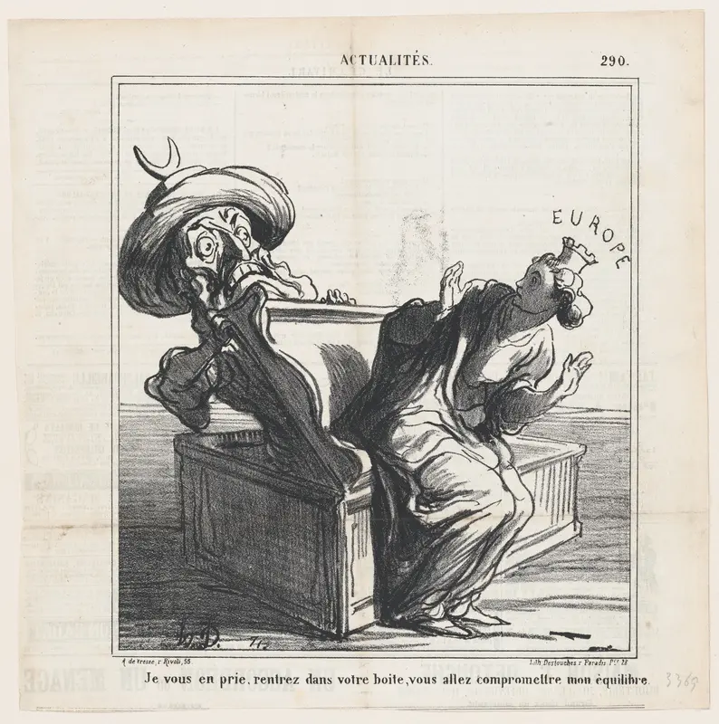 I beg you, get back into your box. You are going to endanger my equilibrium, from 'News of the day,' published in Le Charivari, January 13, 1869 Wall Art by Honoré Daumier - High-Resolution Digital Print