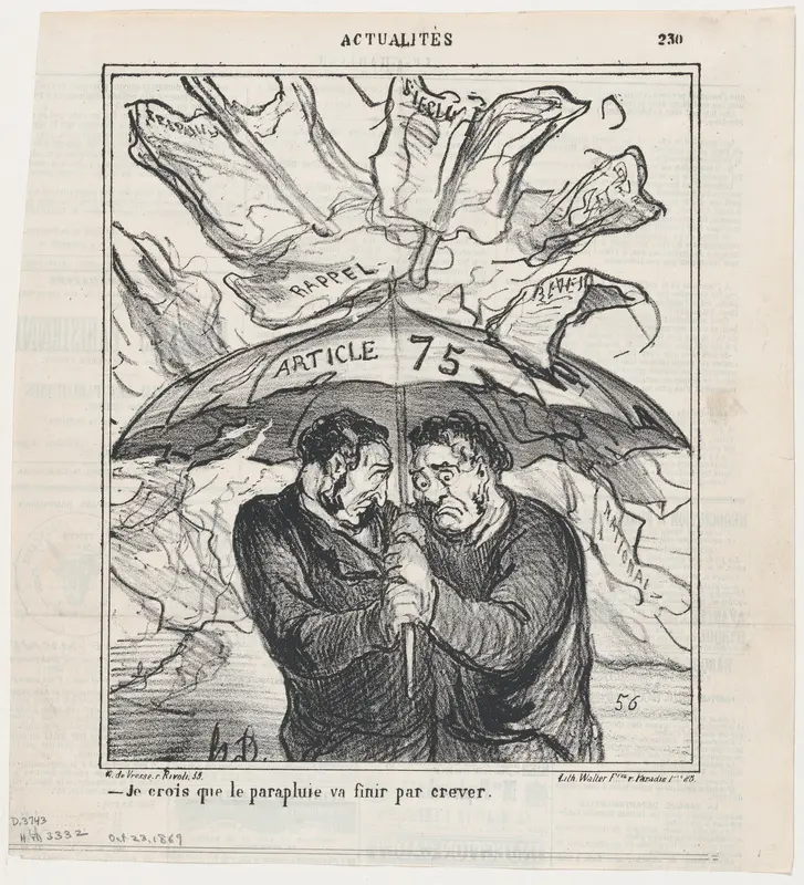 I think this umbrella is going to collapse pretty soon, from 'News of the day,' published in Le Charivari, October 23, 1869 Wall Art by Honoré Daumier - High-Resolution Digital Print