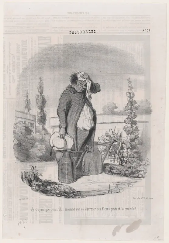 I thought it would be more fun than this to water flowers during a heatwave!, from "Romance of Country Life" Wall Art by Honoré Daumier - High-Resolution Digital Print
