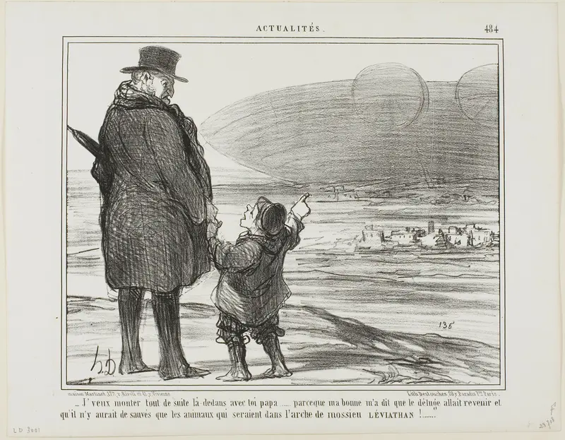 “- I want to go on this ship with you at once, Papa, my nanny said that the deluge will come again, and the only ones who will be saved, will be the animals on the ark of Mr. Leviathan!,” plate 484 from Actualités