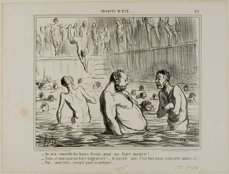 “- I was told to go to the cold batha to lose weight. - You don't say, I was just told the opposite. - Maybe they are good for everything this year! - True for everything, except cleanliness," plate 39 from Croquis D'été