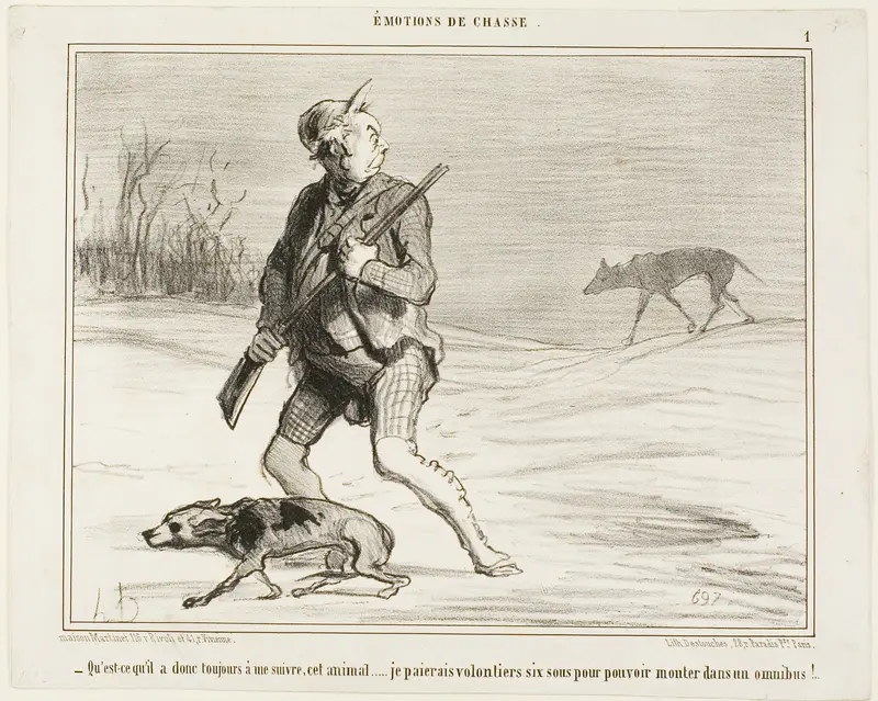 "- I wonder why this beast is following me all the time... I'll happily be paying 6 sous to jump on a bus," plate 1 from Émotions De Chasse