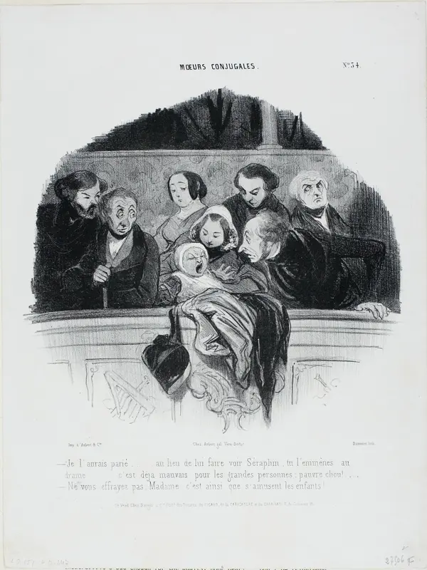“- I would have bet on it… instead of taking him to see Séraphin you take him to a drama.... it's bad enough for adults already, poor little thing!... - Don't worry Madame, this is the way children are enjoying themselves,” plate 34 from Moeurs Conju