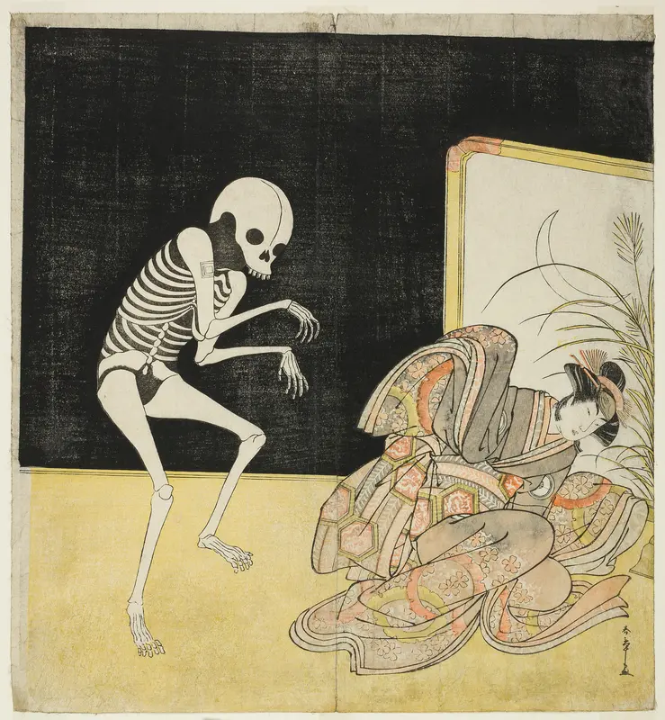 Ichikawa Danjūrō V as a Skeleton, Spirit of the Renegade Monk Seigen, and Iwai Hanshirō IV as the Cherry Princess, in “Flower of Edo: An Ichikawa Saga” (Edo no Hana Mimasu Soga) Wall Art by Katsukawa Shunsho - High-Resolution Digital Print