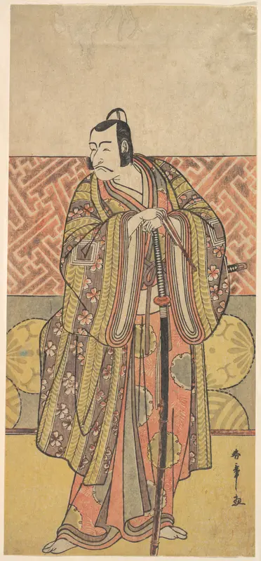 Ichikawa Danjuro V as Kudo Suketsune, Richly Attired, Leaning on His Sword Wall Art by Katsukawa Shunshō 勝川春章 - High-Resolution Digital Print