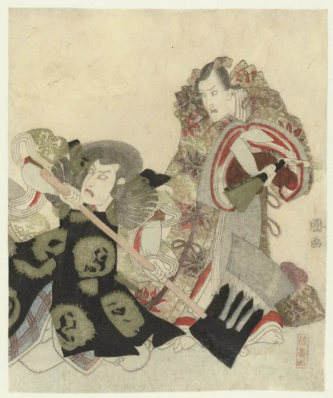 Ichikawa Danjûrô VII als Yoshimune no Munesada met waaier en Ichikawa Omezô in de rol van Sekibei met bijl Wall Art by Unknown - High-Resolution Digital Print