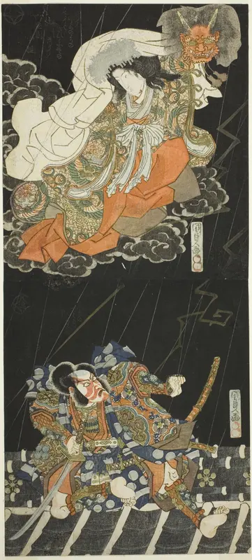 Ichikawa Danjūrō VII as Watanabe no Tsuna and Segawa Kikunojō V as the Female Demon, in “Modori Bridge” (Modoribashi) Wall Art by Utagawa Kunisada I (Toyokuni III) - High-Resolution Digital Print