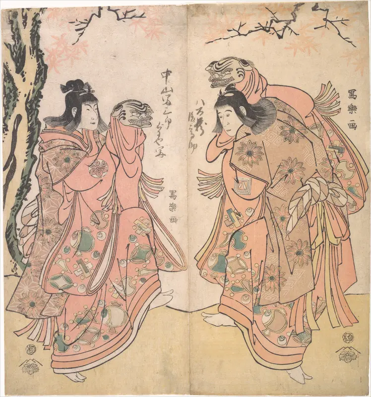 Ichikawa Yaozō III (R) and Nakayama Tomisaburō I (L) as Two Kamuro Performing a Lion Dance