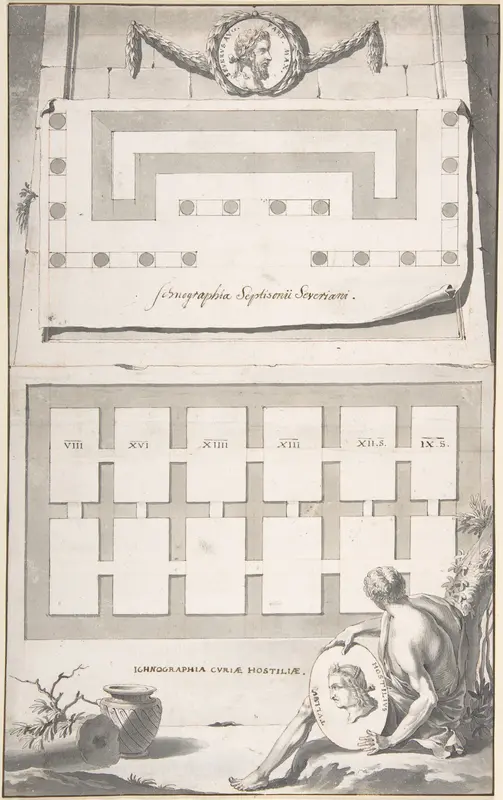 Ichnographia (or groundplan) of the Arch of Septimius Severus (above) and the Curia Hostilia (below) Wall Art by Jan Goeree - High-Resolution Digital Print