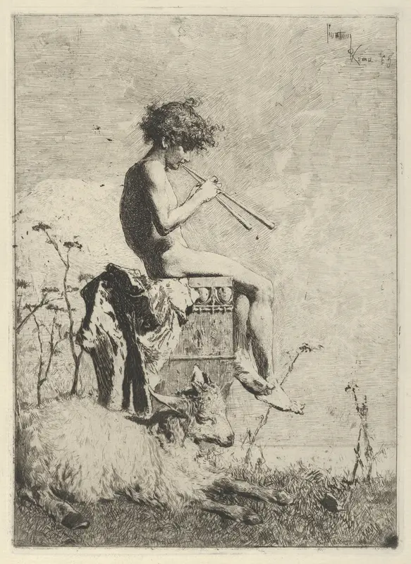 Idyll: a naked youth seated outdoors on a plinth playing a double flute, a goat on the ground before him Wall Art by Mariano Fortuny, 1838–1874 - High-Resolution Digital Print