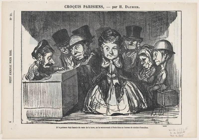 If patience had disappeared all over the world, one would surely find it again at a bus station in Paris, from "Parisian Sketches" Wall Art by Honoré Daumier - High-Resolution Digital Print