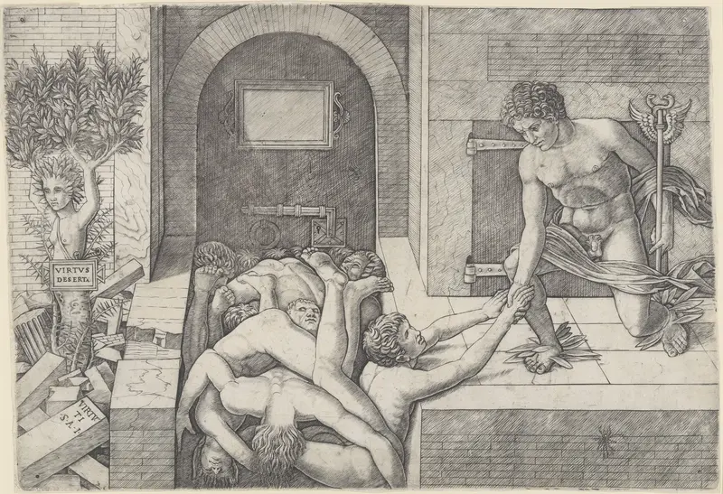 Ignorance and Mercury (an allegory of Virtue and Vice), Mercury kneeling at right holding a staff and taking the hand of a man who emerges from a pile of naked bodies, at left a tree with the torso and head of a woman (Daphne) Wall Art by Giovanni Antonio da Brescia - High-Resolution Digital Print