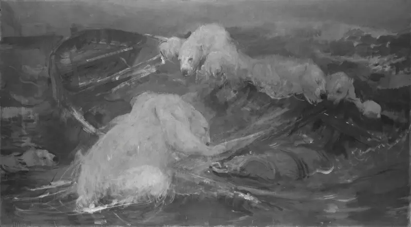 IJsberen beklimmen een ronddrijvende sloep Wall Art by John Macallan Swan - High-Resolution Digital Print