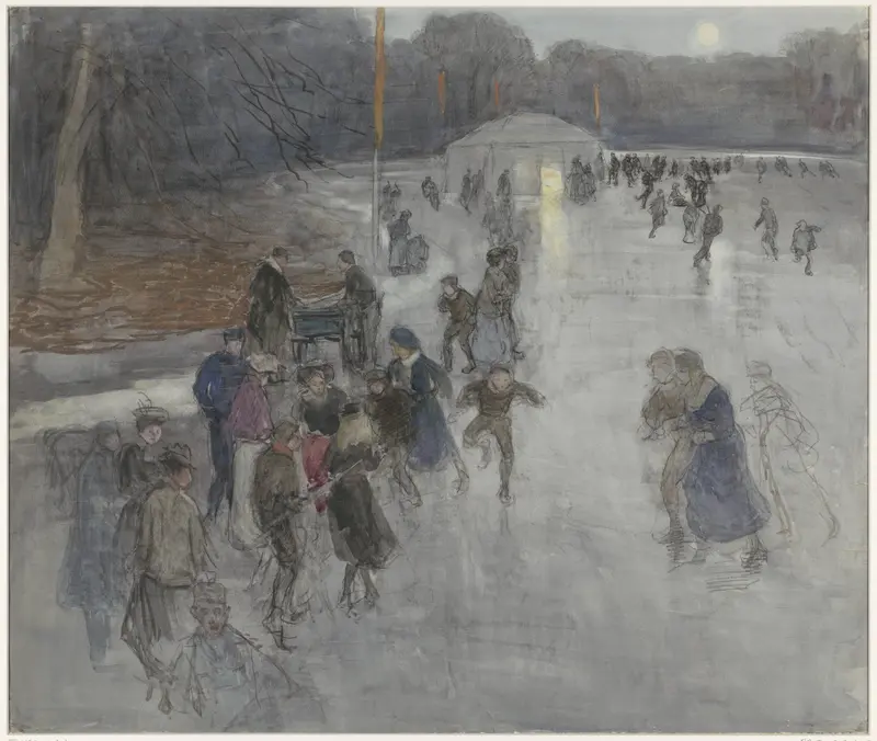 IJsvermaak bij maanlicht, op een bevroren vijver in het Haagse Bosch