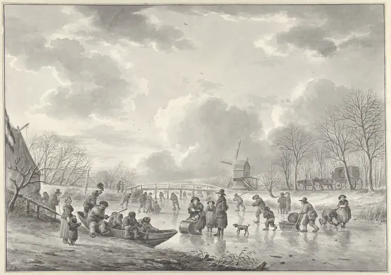 IJsvermaak op een vaart bij een molen Wall Art by Unknown - High-Resolution Digital Print