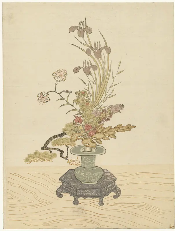 Ikebana bloemstuk in groene vaas Wall Art by Unknown - High-Resolution Digital Print