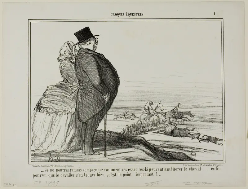 “- I'll never understand, how these exercises are supposed to ameliorate the condition of a horse..... the only thing that really counts is that the horseman feels good,” plate 1 from Croquis Équestres