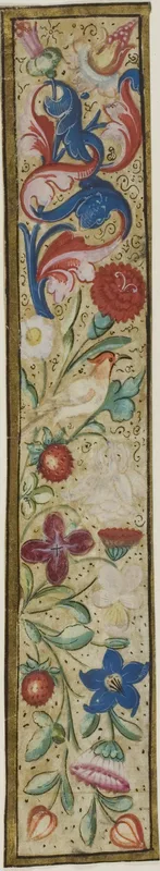 Illuminated Border with Bird, Strawberries and Flowers from a Choir Book Wall Art by Unknown illuminator - High-Resolution Digital Print