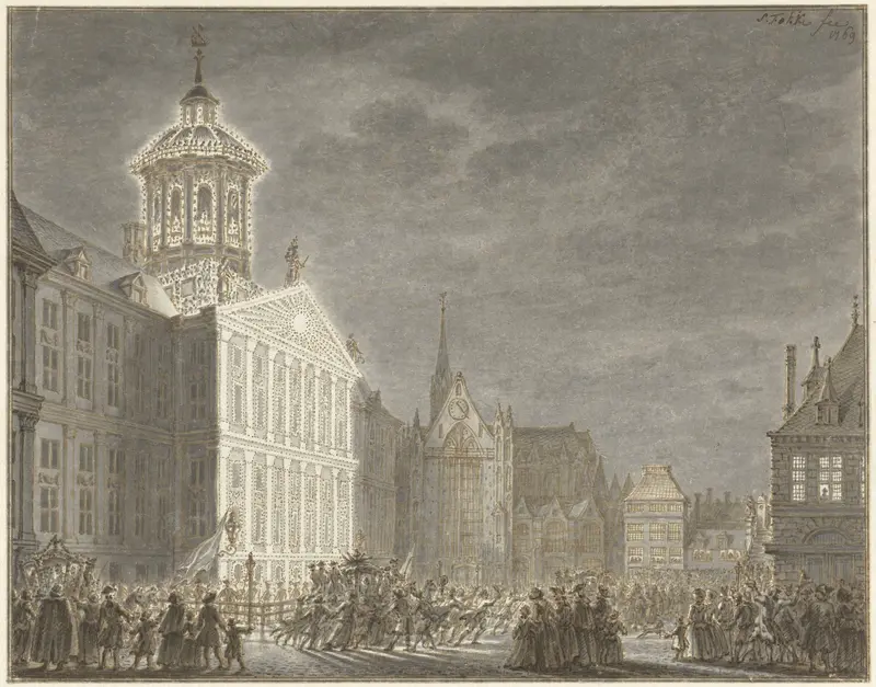 Illuminatie van het stadhuis voor Willem V en Wilhelmina van Pruisen, 1768 Wall Art by Simon Fokke - High-Resolution Digital Print
