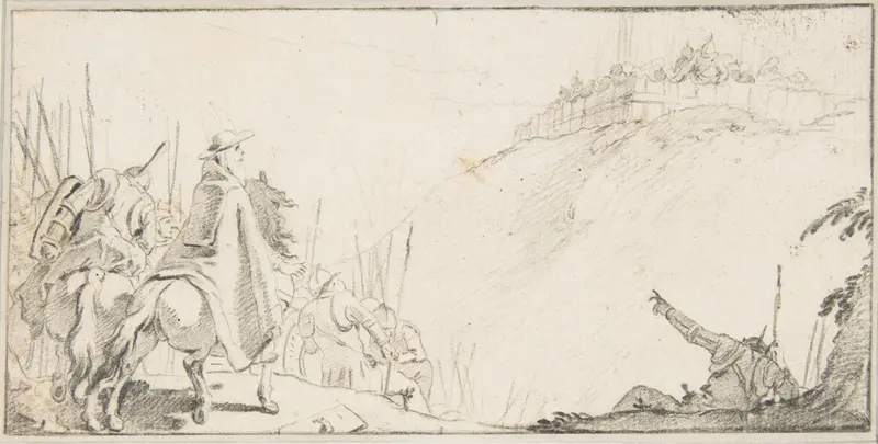 Illustration for a Book:  Cardinal with Troops Facing a Fortification on a Hilltop Wall Art by Giovanni Battista Tiepolo - High-Resolution Digital Print