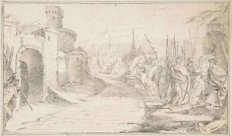 Illustration for a Book: Meeting Between Two Generals (?) before a Fortified Town Wall Art by Giovanni Battista Tiepolo - High-Resolution Digital Print