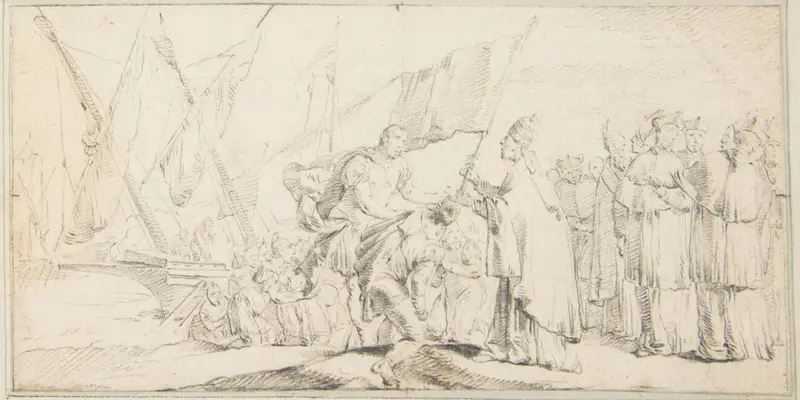 Illustration for a Book: Pope Handing a Banner to a Crusader, with Ships in the Background Wall Art by Giovanni Battista Tiepolo - High-Resolution Digital Print