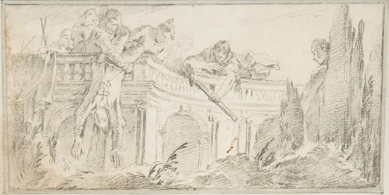 Illustration for a Book: Scene of Men Disposing of Corpse in a Garden Wall Art by Giovanni Battista Tiepolo - High-Resolution Digital Print