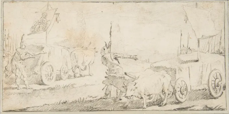 Illustration for a Book: Soldiers Driving Ox Carts with Banners Wall Art by Giovanni Battista Tiepolo - High-Resolution Digital Print