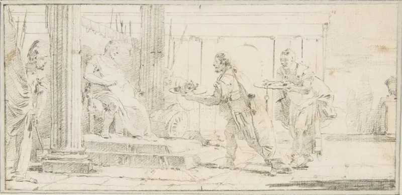 Illustration for a Book:  Soldiers Offering the Decapitated Head of a Man and Keys to a General Wall Art by Giovanni Battista Tiepolo - High-Resolution Digital Print
