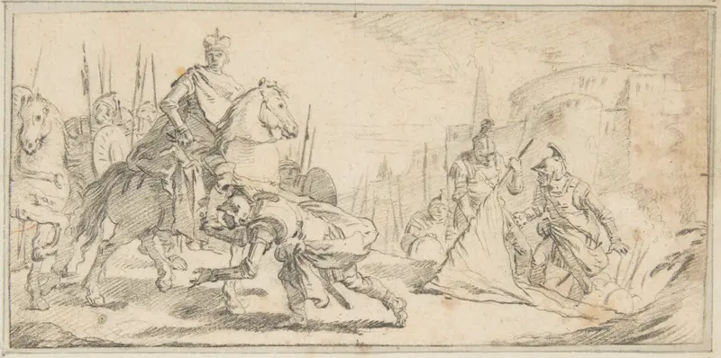 Illustration for a Book:  Soldiers Surrendering to an Emperor, with a City in the Background Wall Art by Giovanni Battista Tiepolo - High-Resolution Digital Print