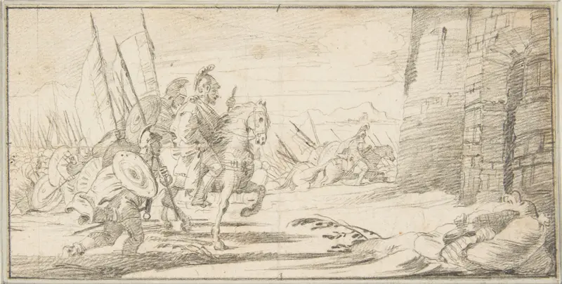 Illustration for a Book:  Troops Advancing toward a City Gate Wall Art by Giovanni Battista Tiepolo - High-Resolution Digital Print