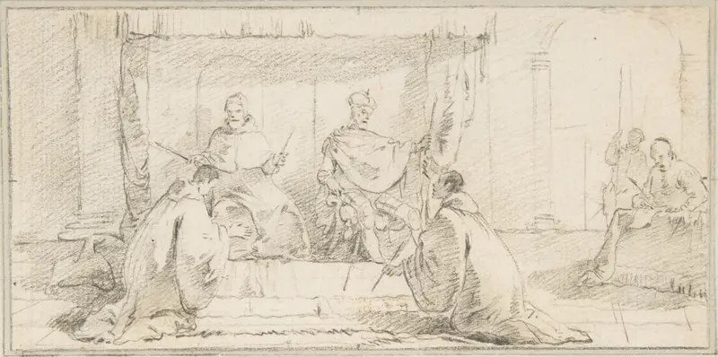 Illustration for a Book:  Two Monks Kneeling before a Doge and an Emperor (Doge Ziani and Emperor Barbarossa?) Wall Art by Giovanni Battista Tiepolo - High-Resolution Digital Print