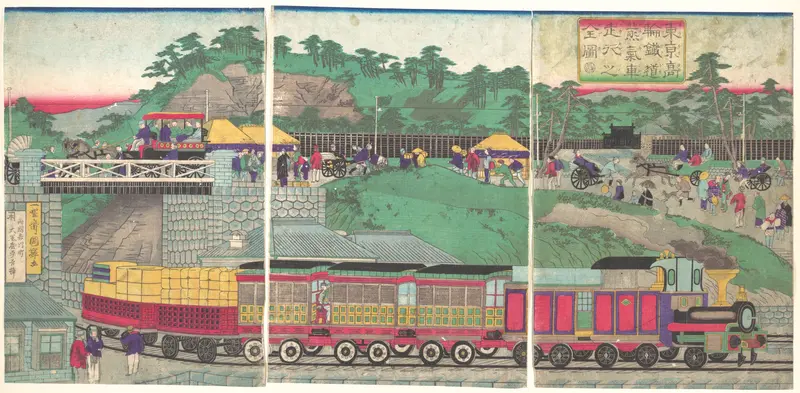 Illustration of a Steam Locomotive Running on the Takanawa Railroad in Tokyo (Tōkyō takanawa tetsudō jōkisha sōkō no zu)