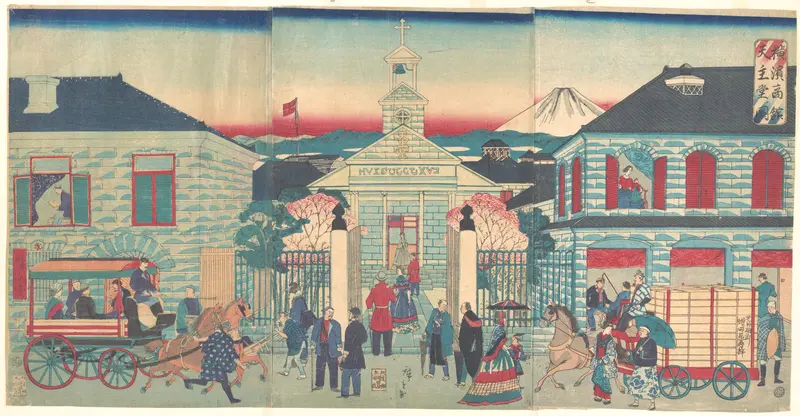 Illustration of Foreign Residences and the Catholic Church in Yokohama (Yokohama shōkan tenshudō no zu) Wall Art by Utagawa Hiroshige III - High-Resolution Digital Print
